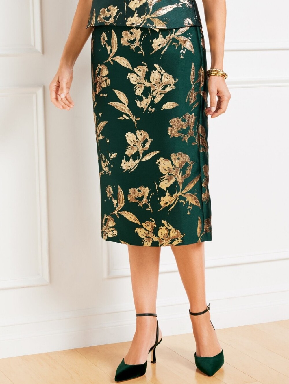 Talbots Green Gold Metallic Floral Jacquard Brocade Glam Holiday Midi-Skirt, 4